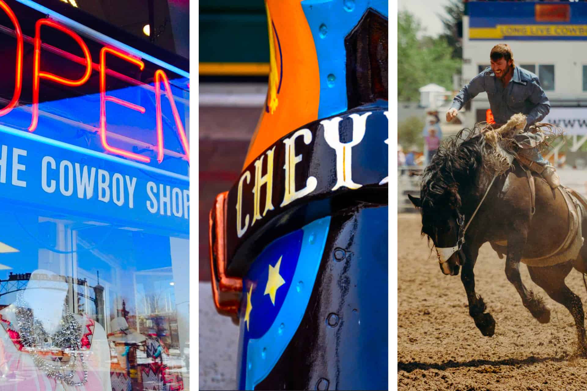 Cheyenne Wyoming boot, Man on horse at rodeo, Cowboy shop neon sign