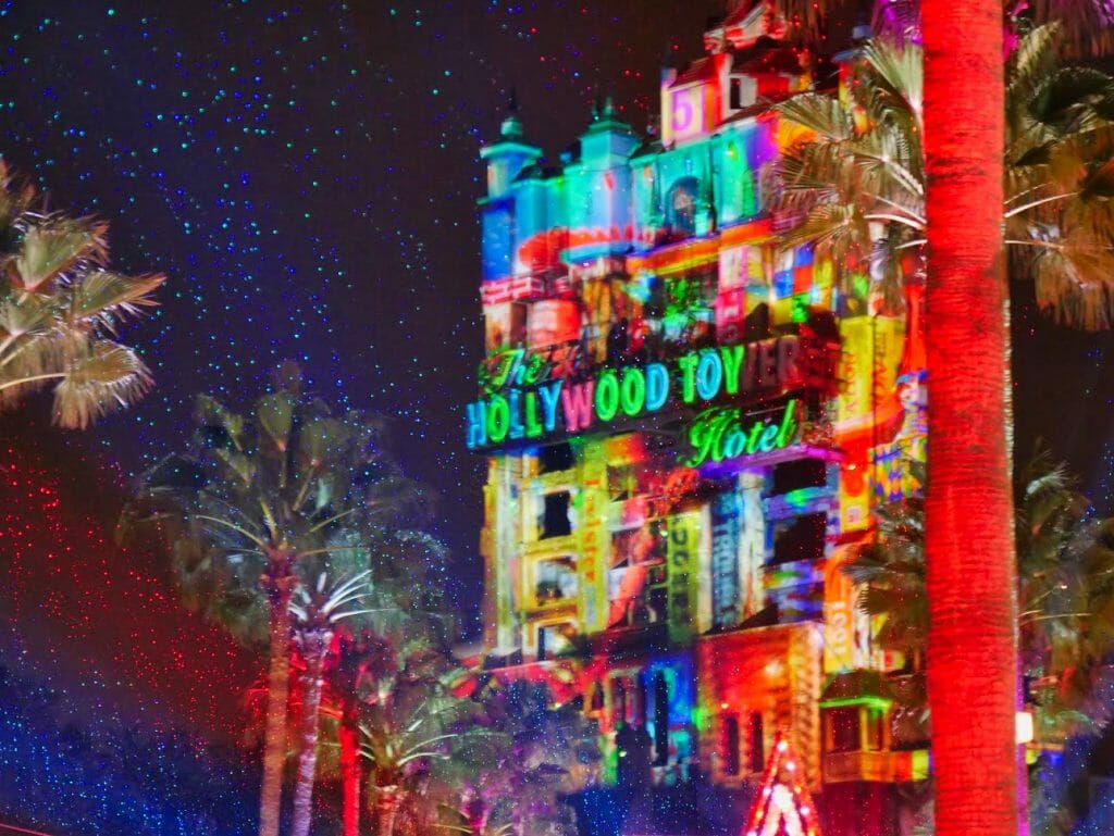 Christmas lights projections on the Hollywood Tower Hotel