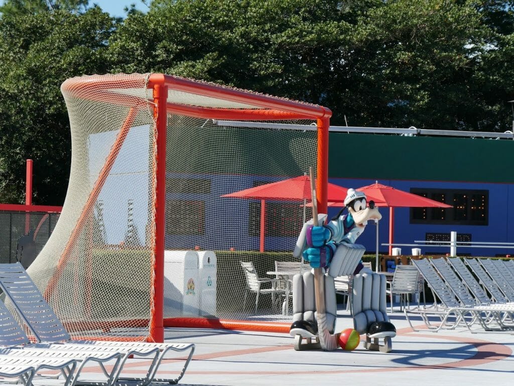 Goofy as Ice Hockey keeper in Mighty Ducks Pool of Disney All-Star Movies resort